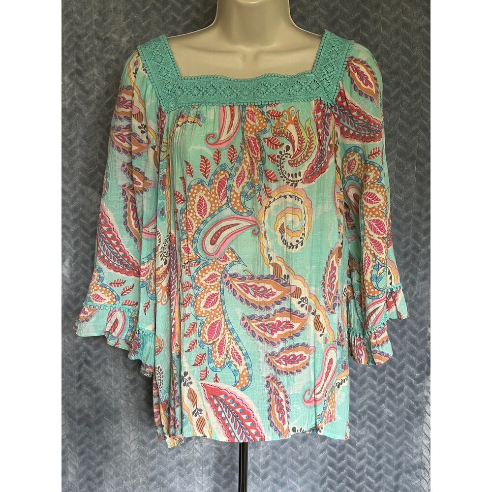 Zac & Rachel Womens Top Size XL Aqua Paisley Boho Crochet Trim Ruffle Sleeve
